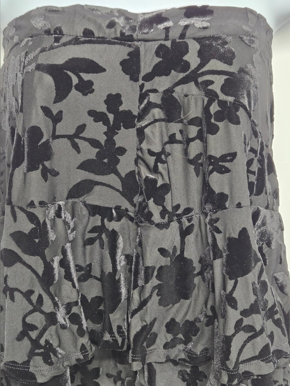 Forever 21 Black Babydoll Sttapless Top S Tie Zipper Back Tiered Floral Velvet - Picture 2 of 6